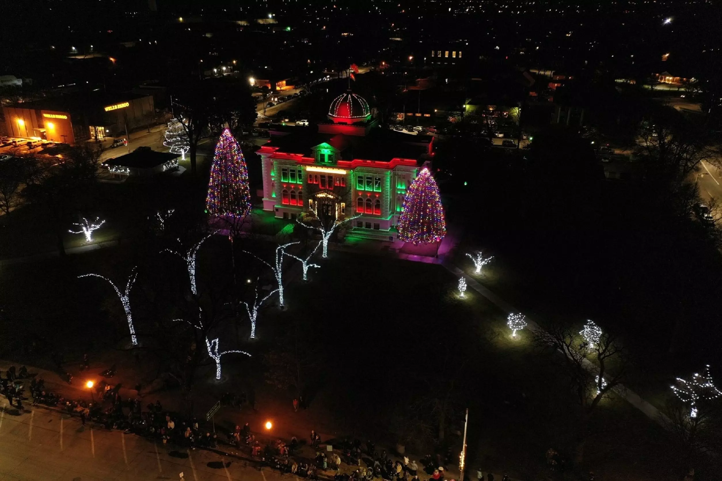 Logan County Courthouse Christmas Lights from the Air
